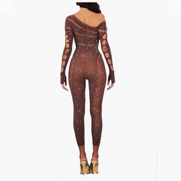 SOLD ❌Message me for reorder!New Chic Brown Rhinestone Jumpsuit one size - Picture 4 of 5